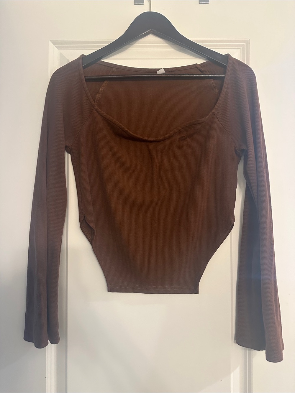 Ribbed Brown Long-Sleeve Scoop Crop Top